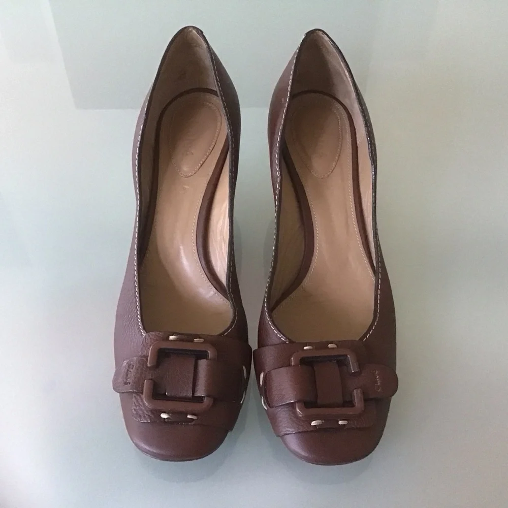 Chloe Brown Leather C Buckle‎ Logo Wedge Heels 40 10 Authentic Womens